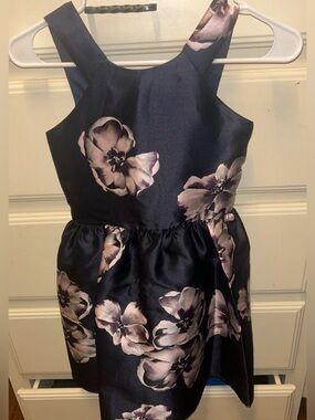 Crystal Doll Navy Floral Satin Party Dress with Pink Blooms